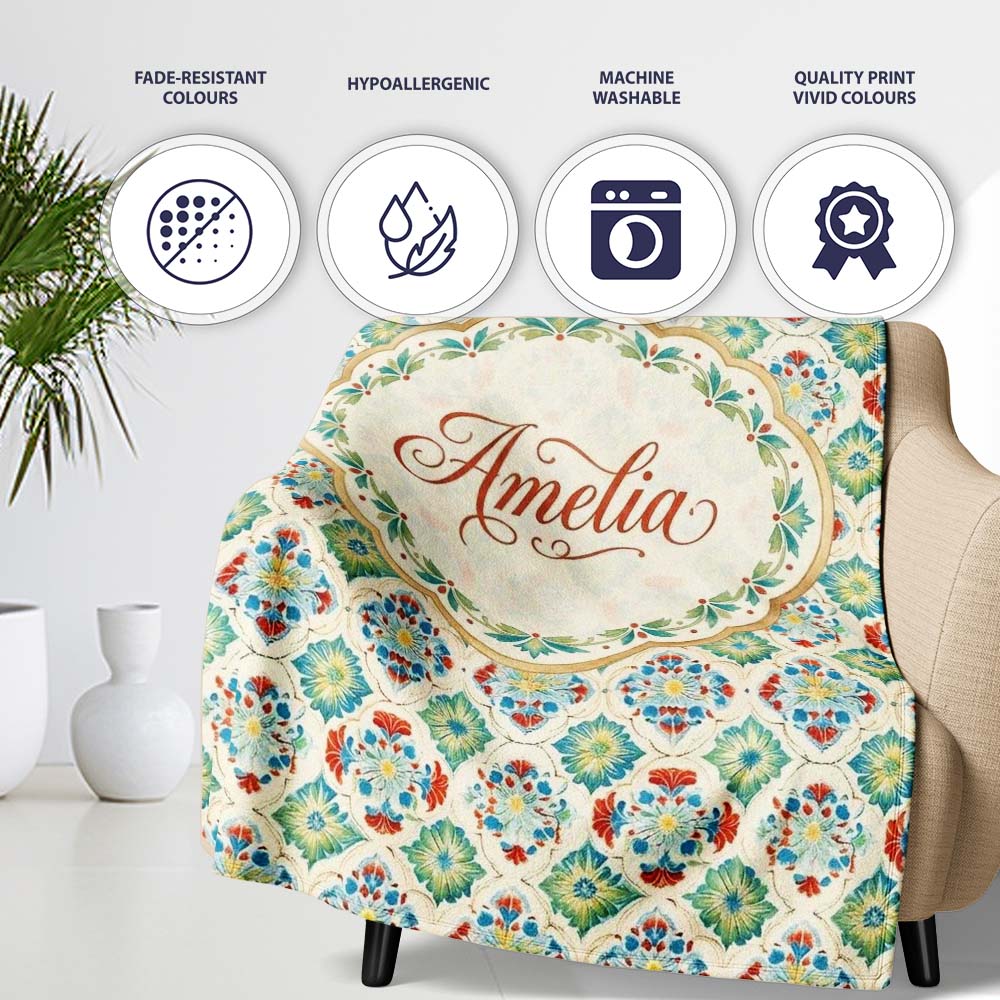 Colorful Ornamental Floral Tile Red Blue and Green Seamless Pattern  Personalised Custom Name Super Soft Fleece Blanket Bed Sofa Throw