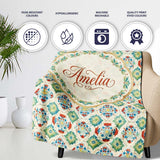 Colorful Ornamental Floral Tile Red Blue and Green Seamless Pattern  Personalised Custom Name Super Soft Fleece Blanket Bed Sofa Throw