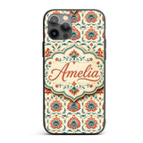 Elegant Folk Floral Pattern Red Teal and Cream Custom Name Protective Phone Case Mobile Cover Durable Everyday Smartphone Shock Resistant
