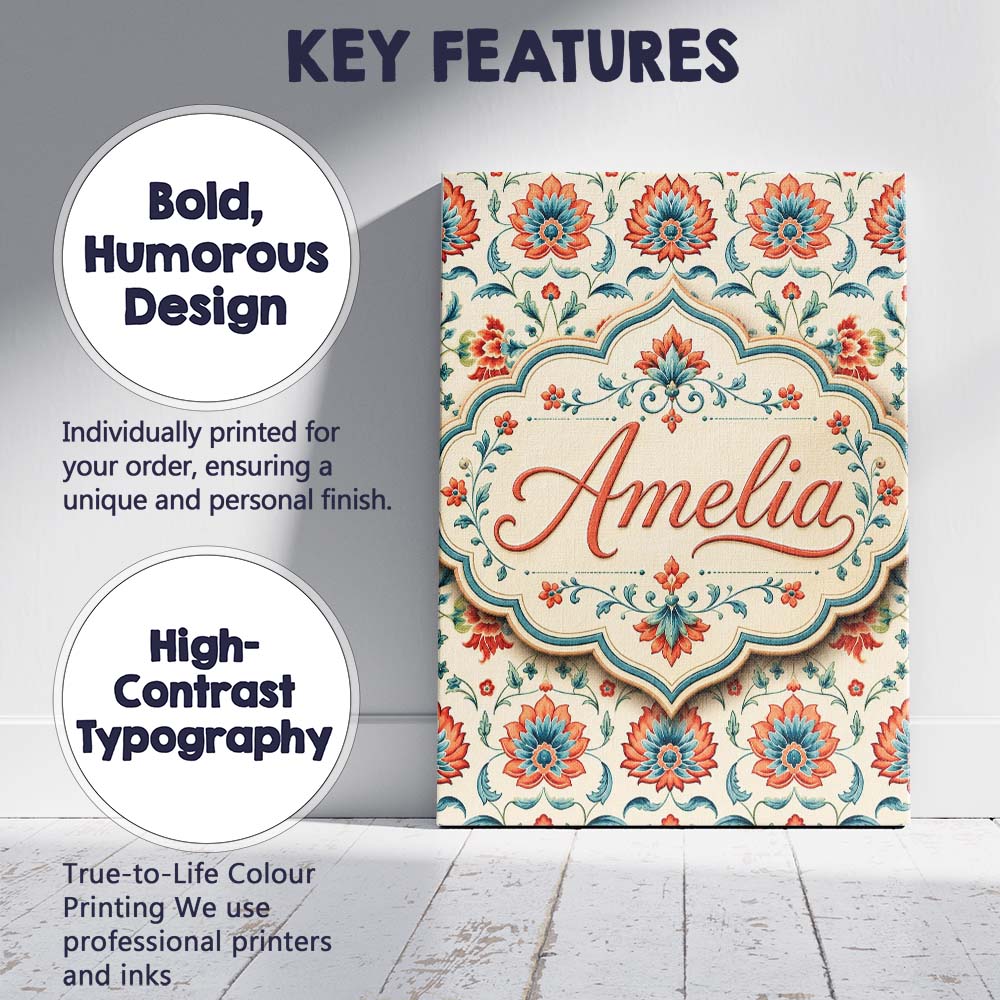 Personalised Name Elegant Folk Floral Custom Modern Room Accent Creative Decorator Style Canvas Wall Art Print Decor Picture Ready to Hang
