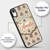 Elegant Folk Floral Pattern Red Teal and Cream Custom Name Protective Phone Case Mobile Cover Durable Everyday Smartphone Shock Resistant