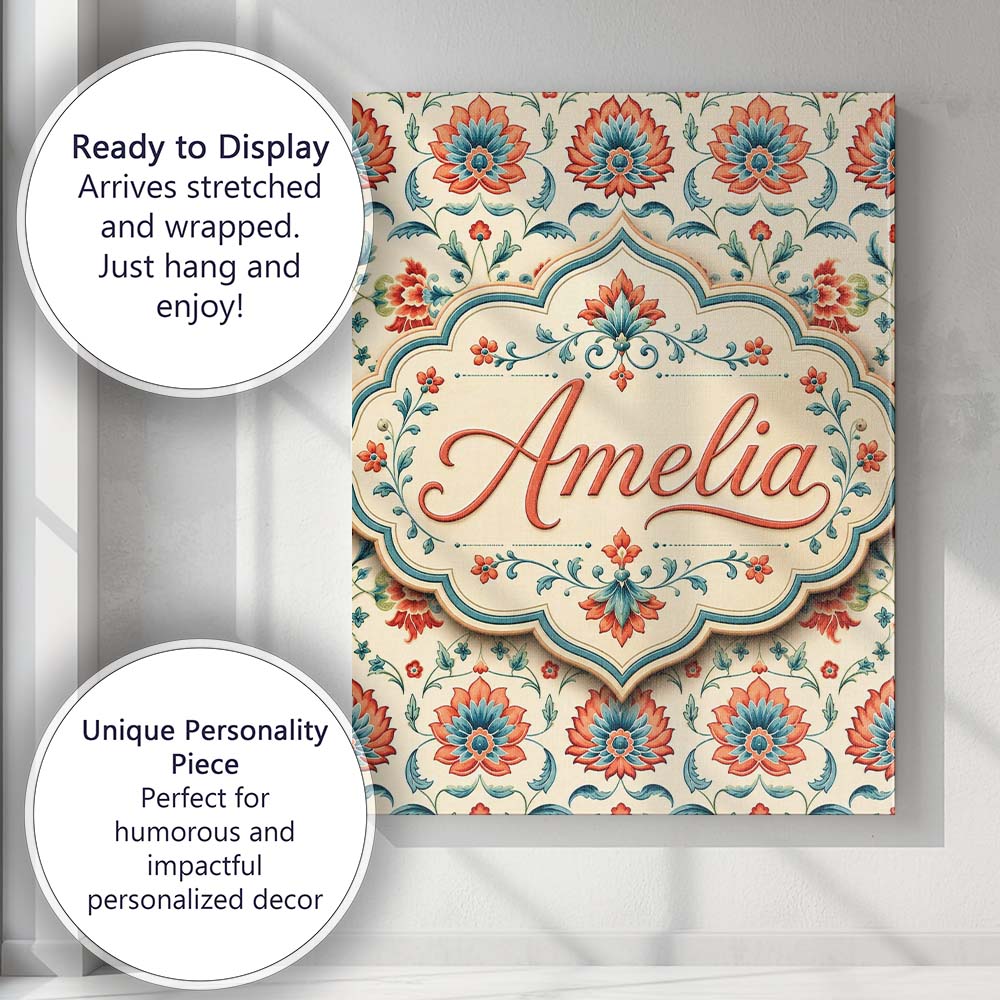 Personalised Name Elegant Folk Floral Custom Modern Room Accent Creative Decorator Style Canvas Wall Art Print Decor Picture Ready to Hang