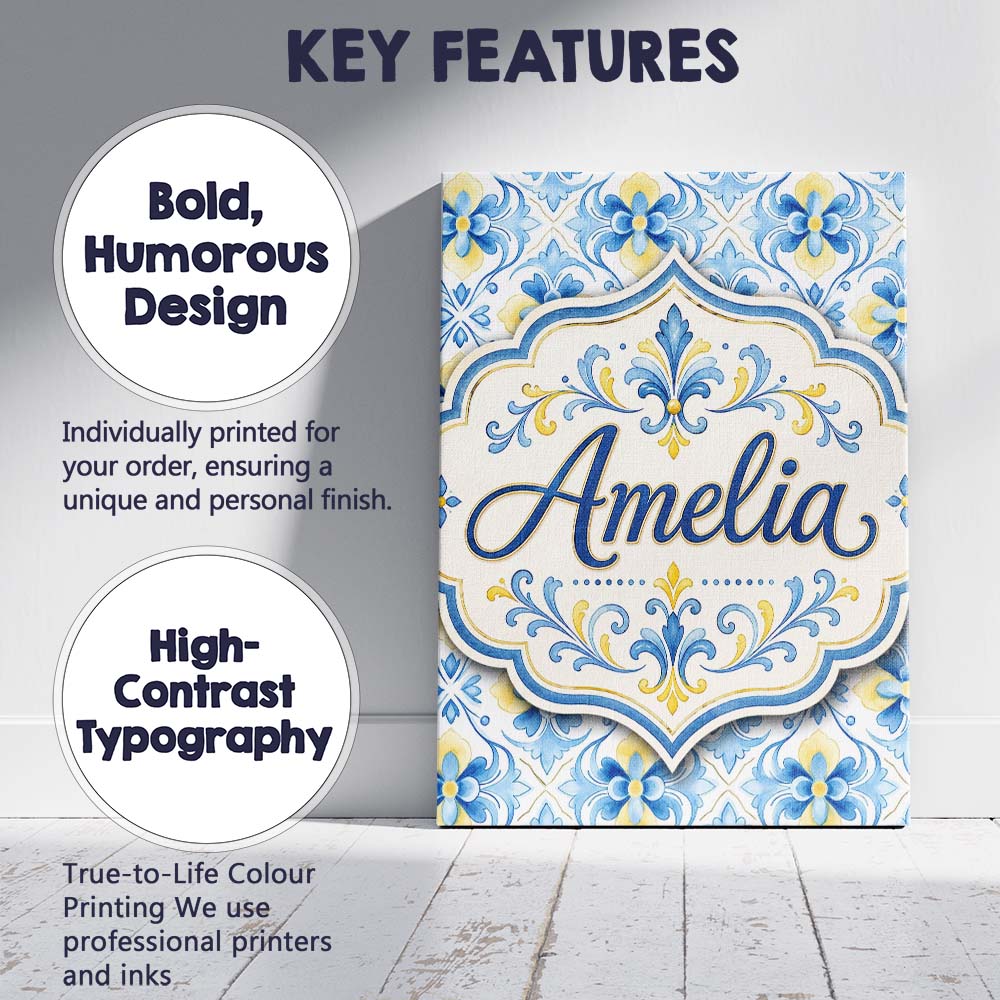 Personalised Name Classic Blue Yellow Tile Custom  Unique Gift Idea Elegant Feature Canvas Wall Art Print Decor Picture Ready to Hang