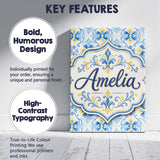 Personalised Name Classic Blue Yellow Tile Custom  Unique Gift Idea Elegant Feature Canvas Wall Art Print Decor Picture Ready to Hang