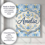 Personalised Name Classic Blue Yellow Tile Custom  Unique Gift Idea Elegant Feature Canvas Wall Art Print Decor Picture Ready to Hang