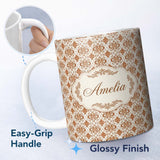 Personalized Custom Name Vintage Brown Ornate Floral Damask Seamless Pattern Cute Unique Gift 11oz Ceramic Coffee Tea Mug White Large Handle