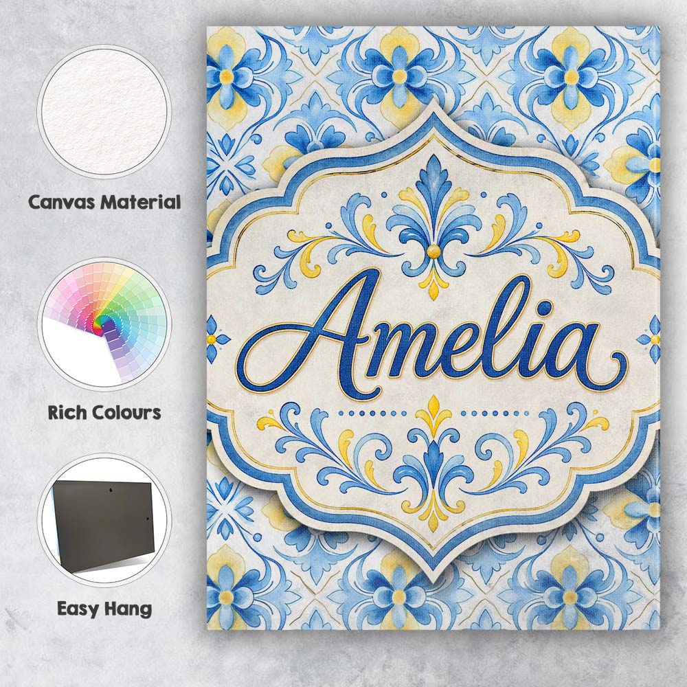 Personalised Name Classic Blue Yellow Tile Custom  Unique Gift Idea Elegant Feature Canvas Wall Art Print Decor Picture Ready to Hang