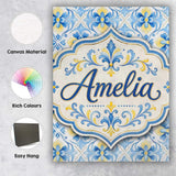 Personalised Name Classic Blue Yellow Tile Custom  Unique Gift Idea Elegant Feature Canvas Wall Art Print Decor Picture Ready to Hang