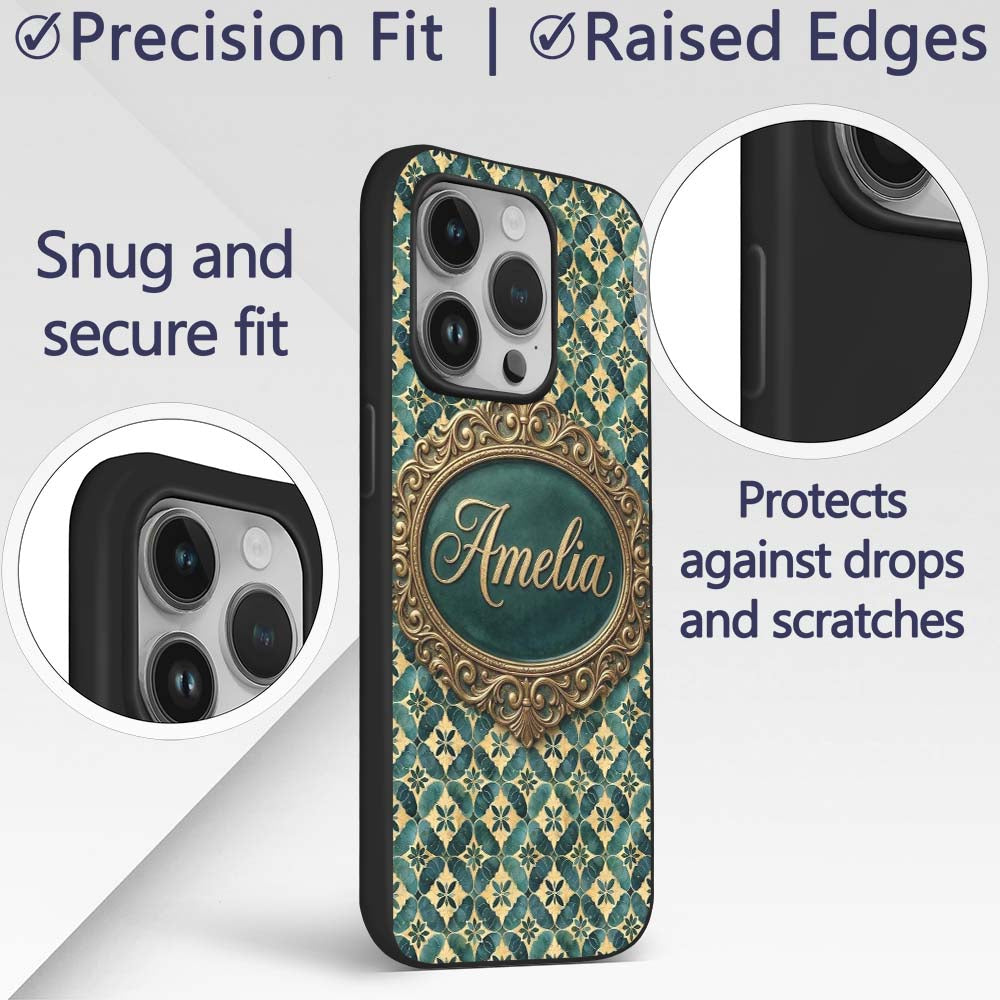 Luxury Art Deco Tile Gold and Teal Geometric Custom Name Protective Phone Case Mobile Cover Durable Everyday Smartphone Shock Resistant