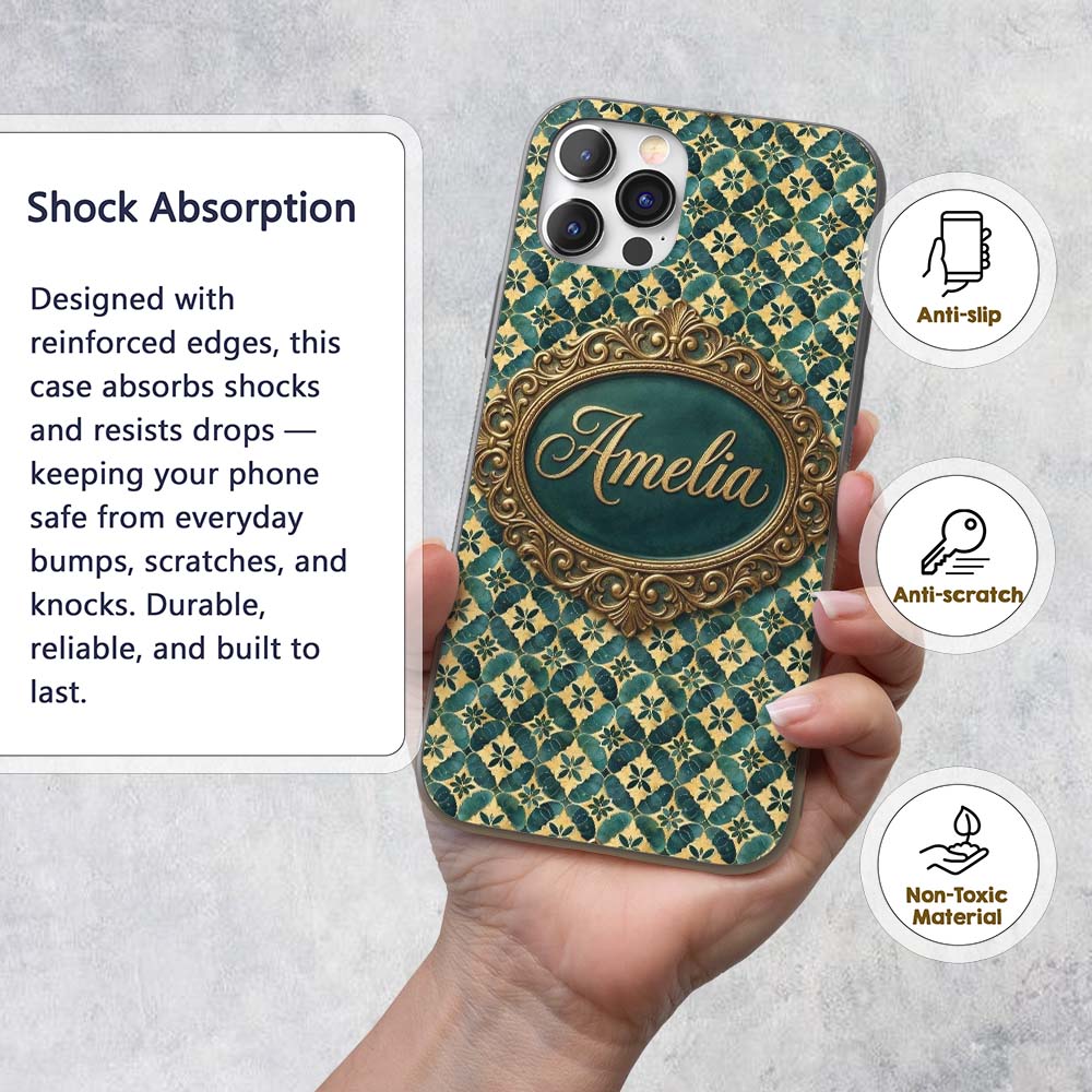 Luxury Art Deco Tile Gold and Teal Geometric Custom Name Protective Phone Case Mobile Cover Durable Everyday Smartphone Shock Resistant