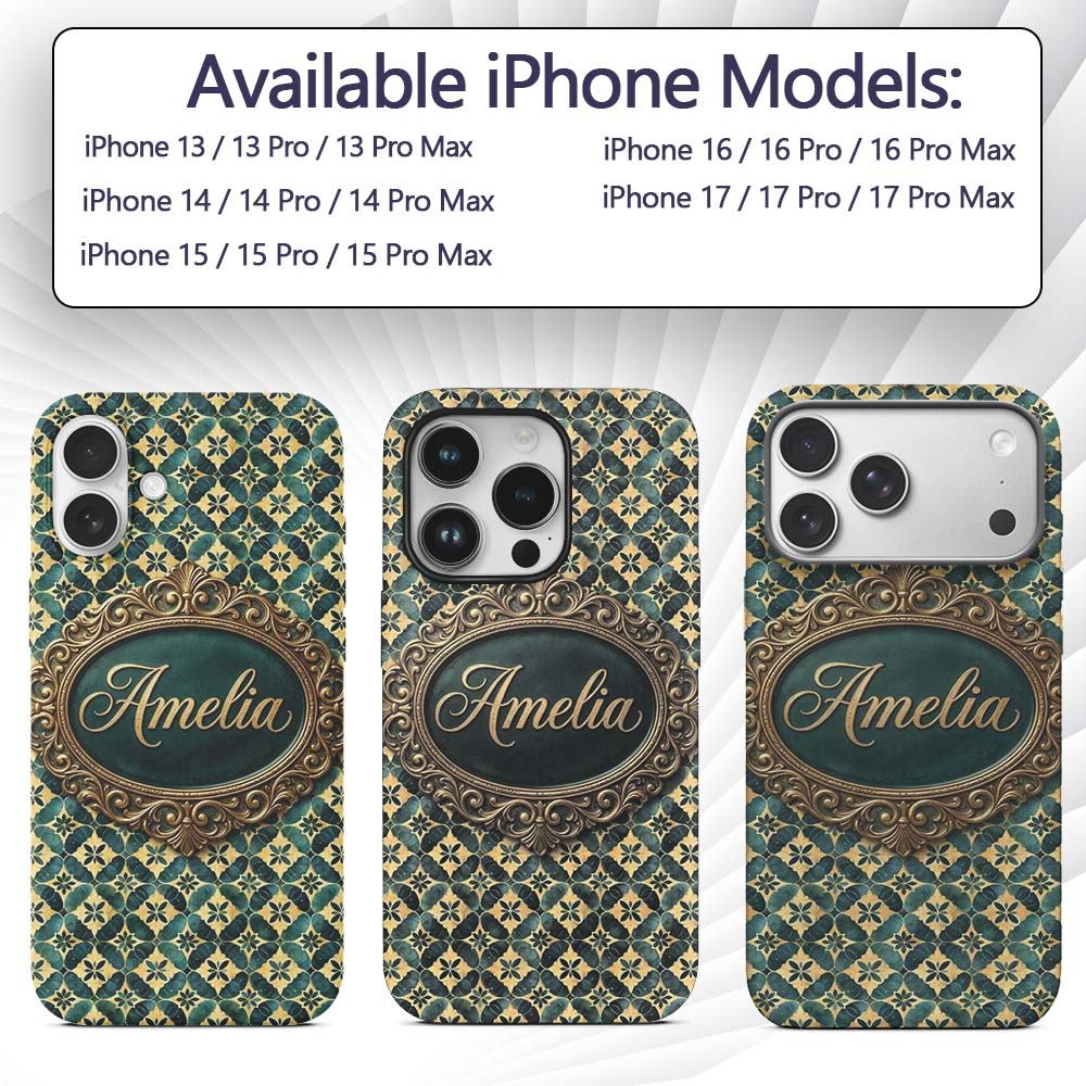 Luxury Art Deco Tile Gold and Teal Geometric Custom Name Protective Phone Case Mobile Cover Durable Everyday Smartphone Shock Resistant