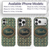 Luxury Art Deco Tile Gold and Teal Geometric Custom Name Protective Phone Case Mobile Cover Durable Everyday Smartphone Shock Resistant