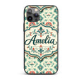 Vintage Inspired Floral Medallion Teal and Red Custom Name Protective Phone Case Mobile Cover Durable Everyday Smartphone Shock Resistant