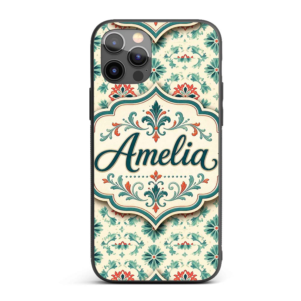 Vintage Inspired Floral Medallion Teal and Red Custom Name Protective Phone Case Mobile Cover Durable Everyday Smartphone Shock Resistant