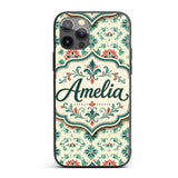 Vintage Inspired Floral Medallion Teal and Red Custom Name Protective Phone Case Mobile Cover Durable Everyday Smartphone Shock Resistant