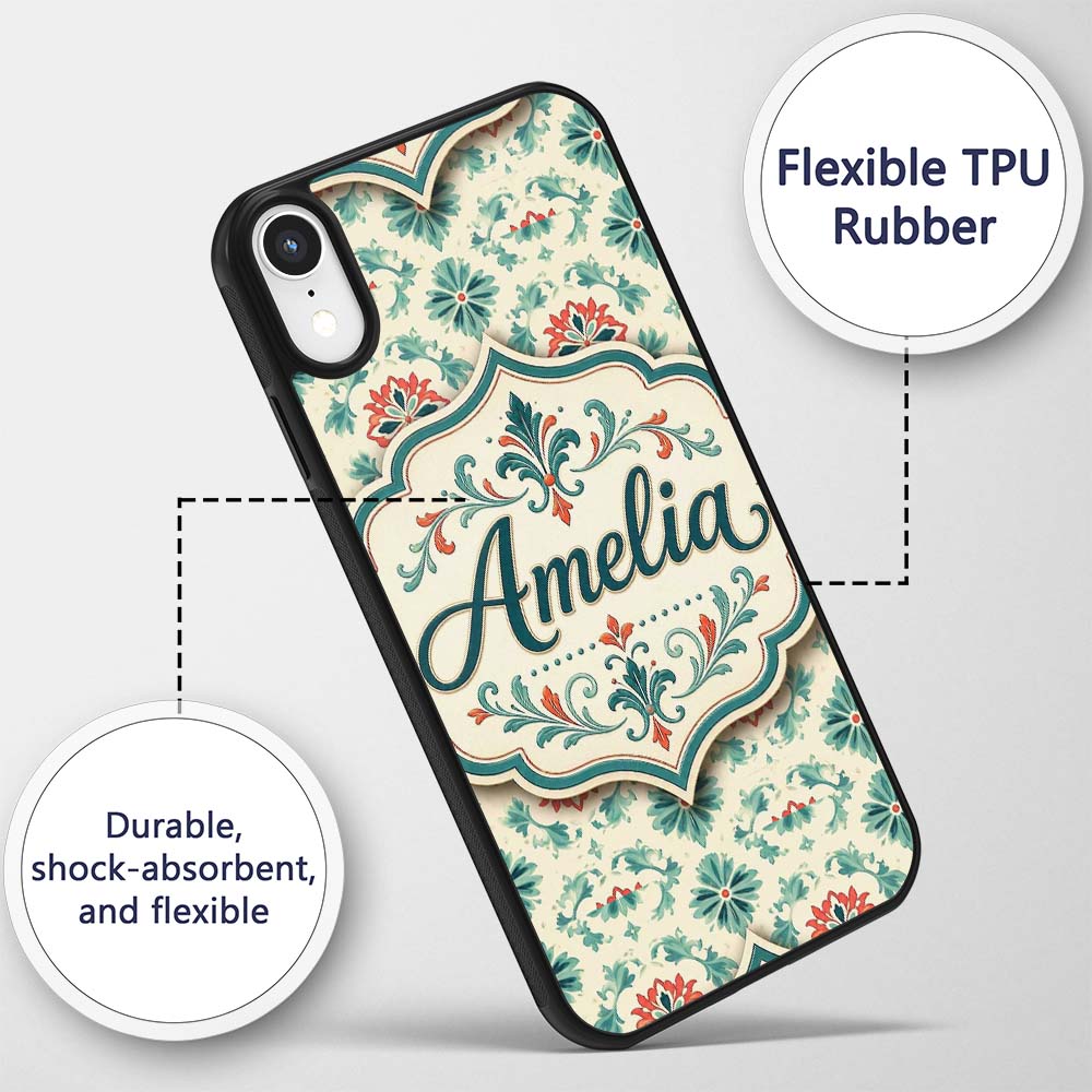 Vintage Inspired Floral Medallion Teal and Red Custom Name Protective Phone Case Mobile Cover Durable Everyday Smartphone Shock Resistant