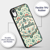 Vintage Inspired Floral Medallion Teal and Red Custom Name Protective Phone Case Mobile Cover Durable Everyday Smartphone Shock Resistant