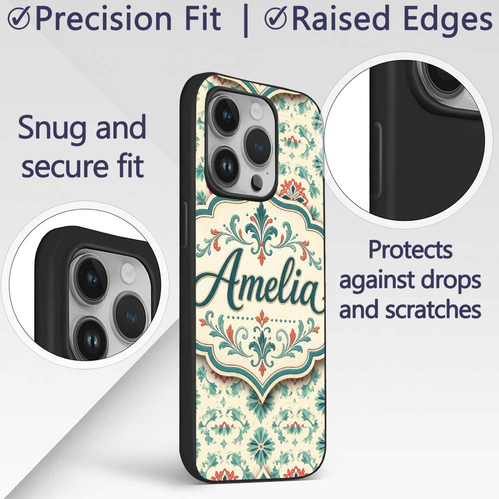 Vintage Inspired Floral Medallion Teal and Red Custom Name Protective Phone Case Mobile Cover Durable Everyday Smartphone Shock Resistant