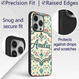 Vintage Inspired Floral Medallion Teal and Red Custom Name Protective Phone Case Mobile Cover Durable Everyday Smartphone Shock Resistant