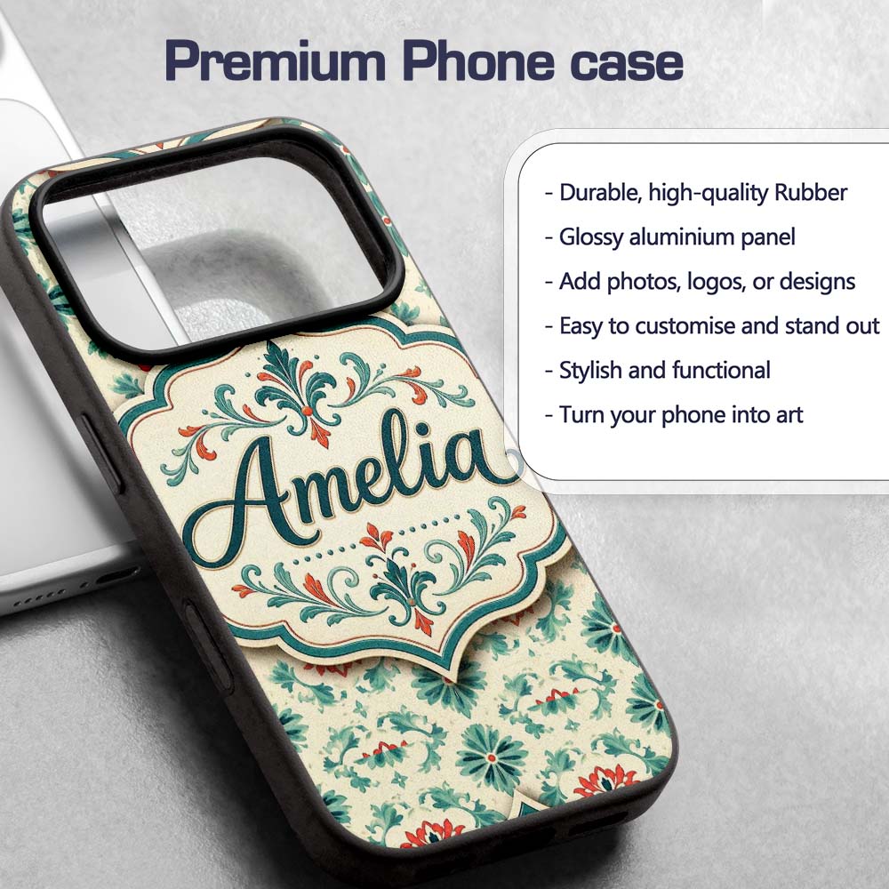 Vintage Inspired Floral Medallion Teal and Red Custom Name Protective Phone Case Mobile Cover Durable Everyday Smartphone Shock Resistant