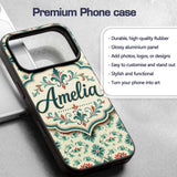 Vintage Inspired Floral Medallion Teal and Red Custom Name Protective Phone Case Mobile Cover Durable Everyday Smartphone Shock Resistant