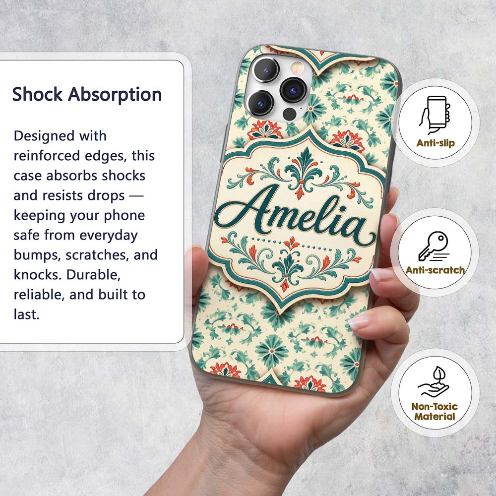 Vintage Inspired Floral Medallion Teal and Red Custom Name Protective Phone Case Mobile Cover Durable Everyday Smartphone Shock Resistant