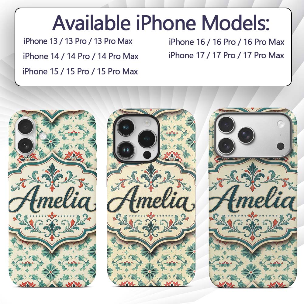 Vintage Inspired Floral Medallion Teal and Red Custom Name Protective Phone Case Mobile Cover Durable Everyday Smartphone Shock Resistant
