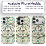 Vintage Inspired Floral Medallion Teal and Red Custom Name Protective Phone Case Mobile Cover Durable Everyday Smartphone Shock Resistant