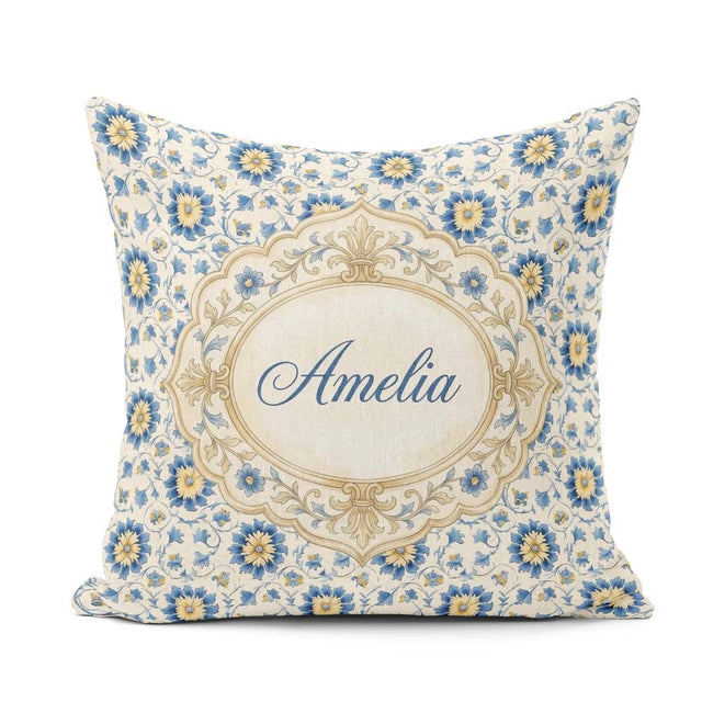 Custom Name Traditional Blue Floral Vine Pattern Cream Seamless Square Filled Cushion Throw Pillow Sofa Bed Home Decor Zip Washable UK Made