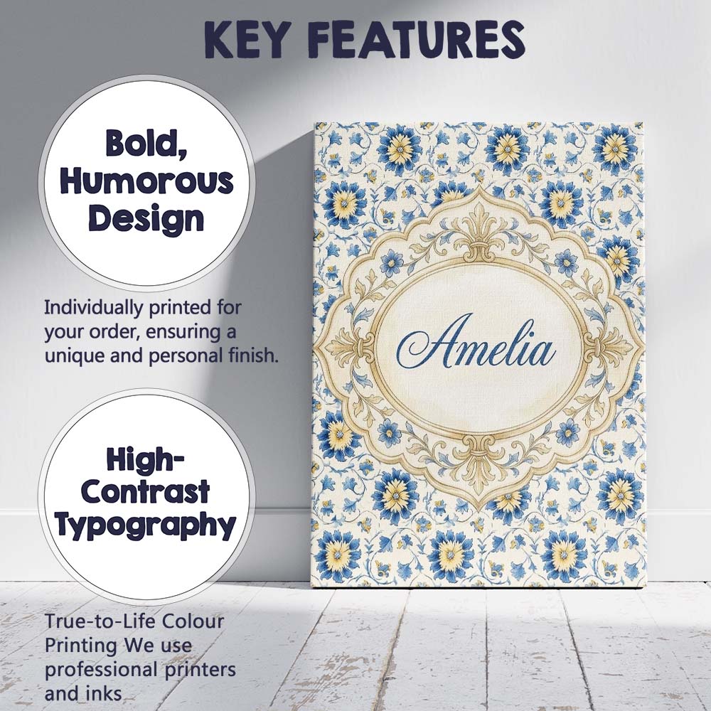 Personalised Name Traditional Blue Floral Custom  Unique Gift Idea Elegant Feature Canvas Wall Art Print Decor Picture Ready to Hang