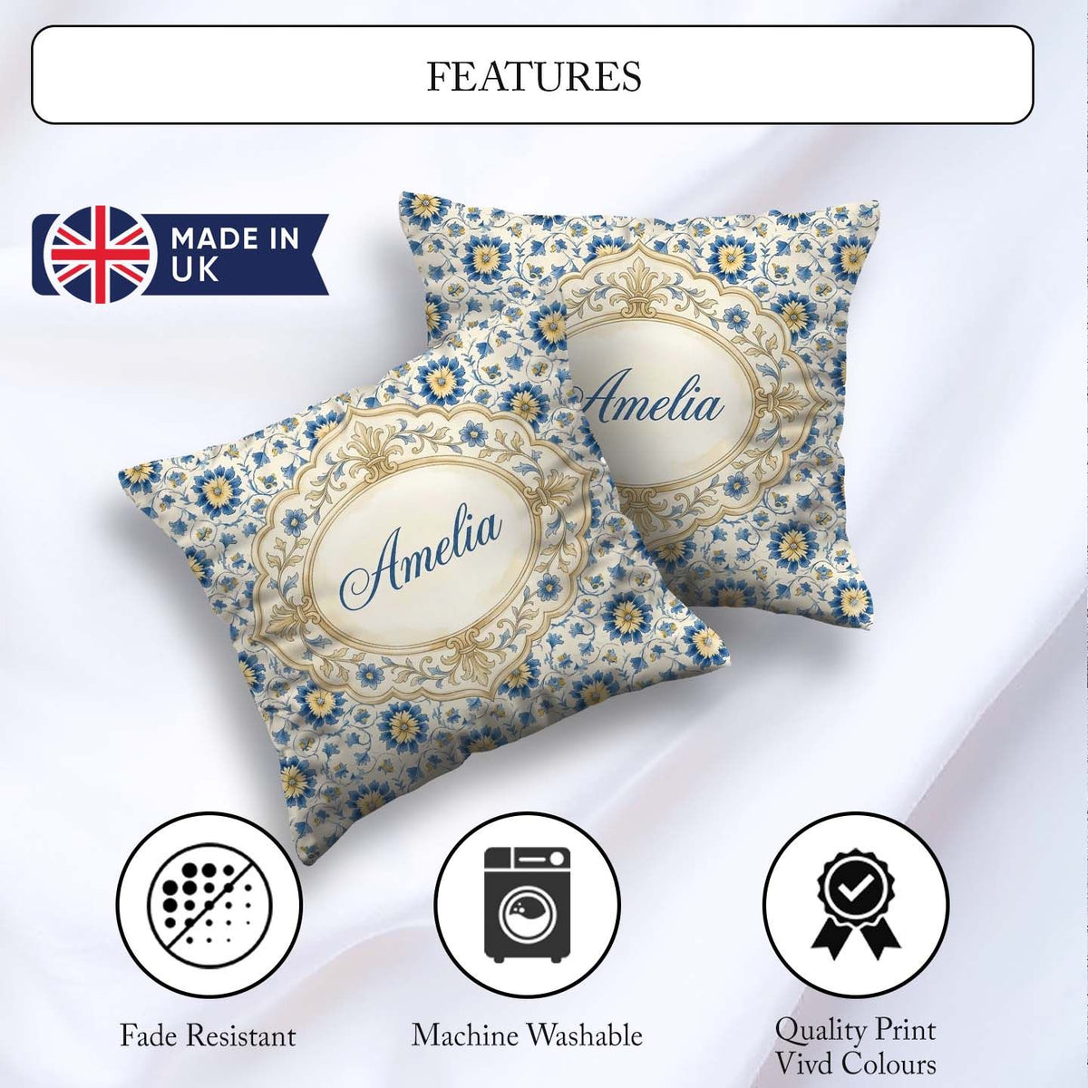 Custom Name Traditional Blue Floral Vine Pattern Cream Seamless Square Filled Cushion Throw Pillow Sofa Bed Home Decor Zip Washable UK Made