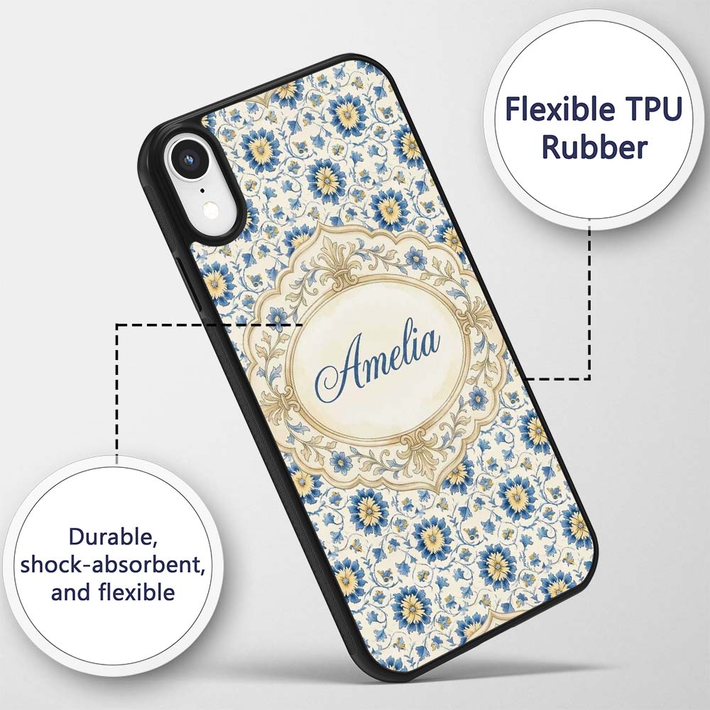 Traditional Blue Floral Vine Decorative Design Custom Name Protective Phone Case Mobile Cover Durable Everyday Smartphone Shock Resistant