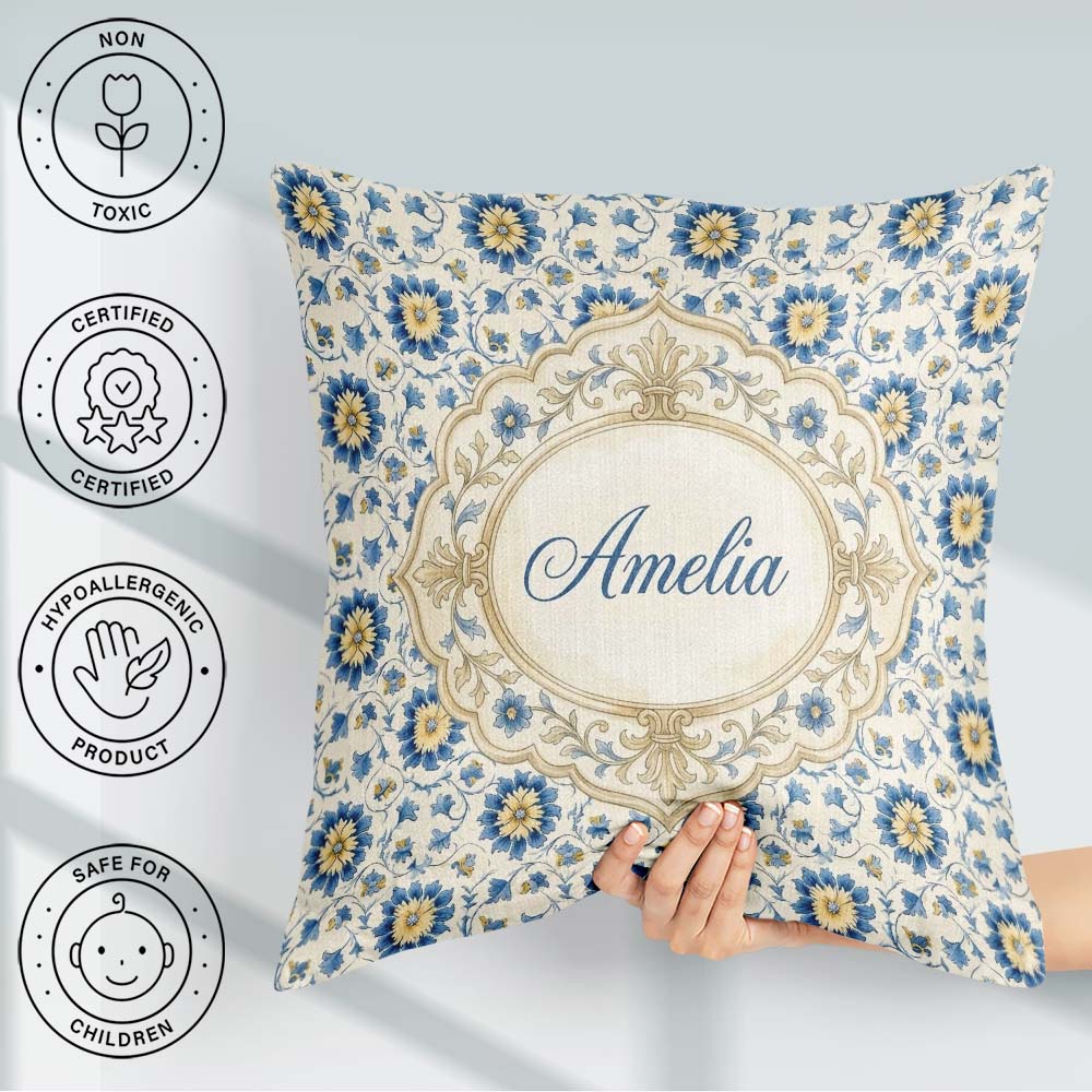 Custom Name Traditional Blue Floral Vine Pattern Cream Seamless Square Filled Cushion Throw Pillow Sofa Bed Home Decor Zip Washable UK Made
