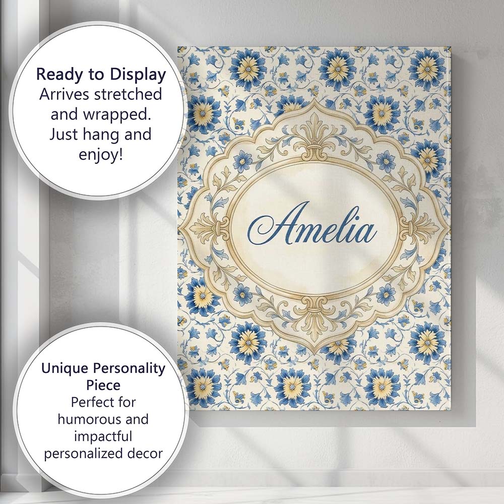 Personalised Name Traditional Blue Floral Custom  Unique Gift Idea Elegant Feature Canvas Wall Art Print Decor Picture Ready to Hang