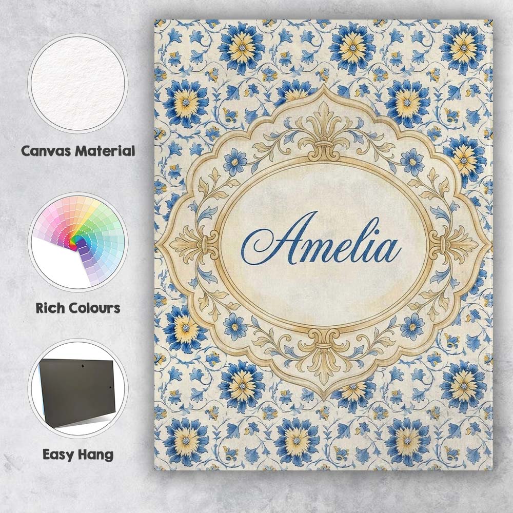 Personalised Name Traditional Blue Floral Custom  Unique Gift Idea Elegant Feature Canvas Wall Art Print Decor Picture Ready to Hang