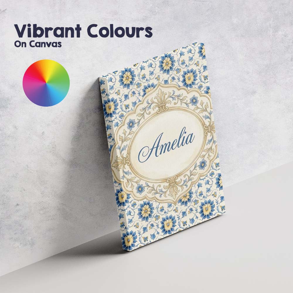 Personalised Name Traditional Blue Floral Custom  Unique Gift Idea Elegant Feature Canvas Wall Art Print Decor Picture Ready to Hang