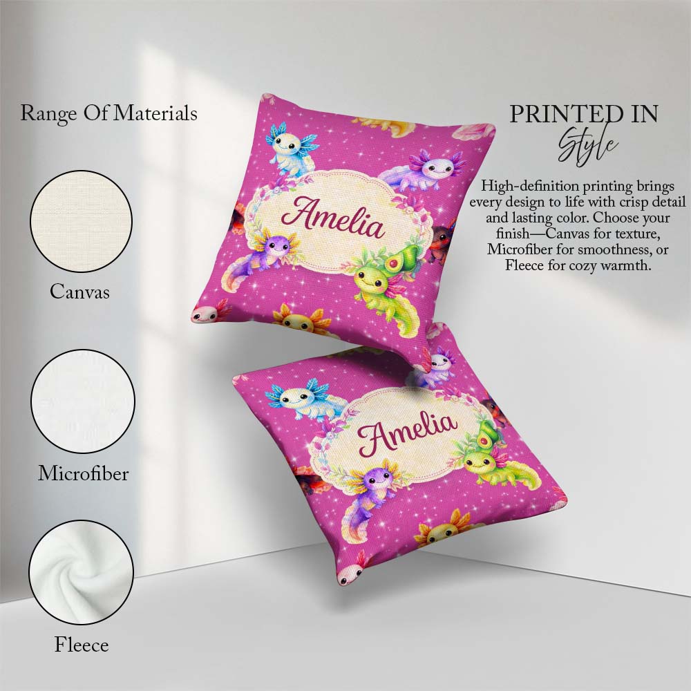 Custom Name Pink Axolotl Cartoon Seamless Pattern Kawaii Fantasy Square Filled Cushion Throw Pillow Sofa Bed Home Decor Zip Washable UK Made