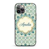 Elegant Teal Floral Tile Medallion Printed Design Custom Name Protective Phone Case Mobile Cover Durable Everyday Smartphone Shock Resistant