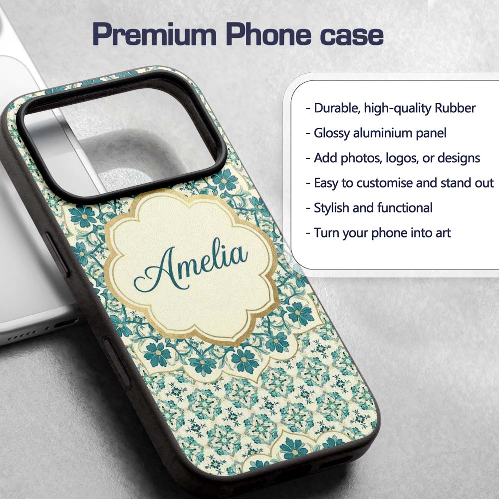 Elegant Teal Floral Tile Medallion Printed Design Custom Name Protective Phone Case Mobile Cover Durable Everyday Smartphone Shock Resistant