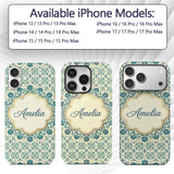 Elegant Teal Floral Tile Medallion Printed Design Custom Name Protective Phone Case Mobile Cover Durable Everyday Smartphone Shock Resistant