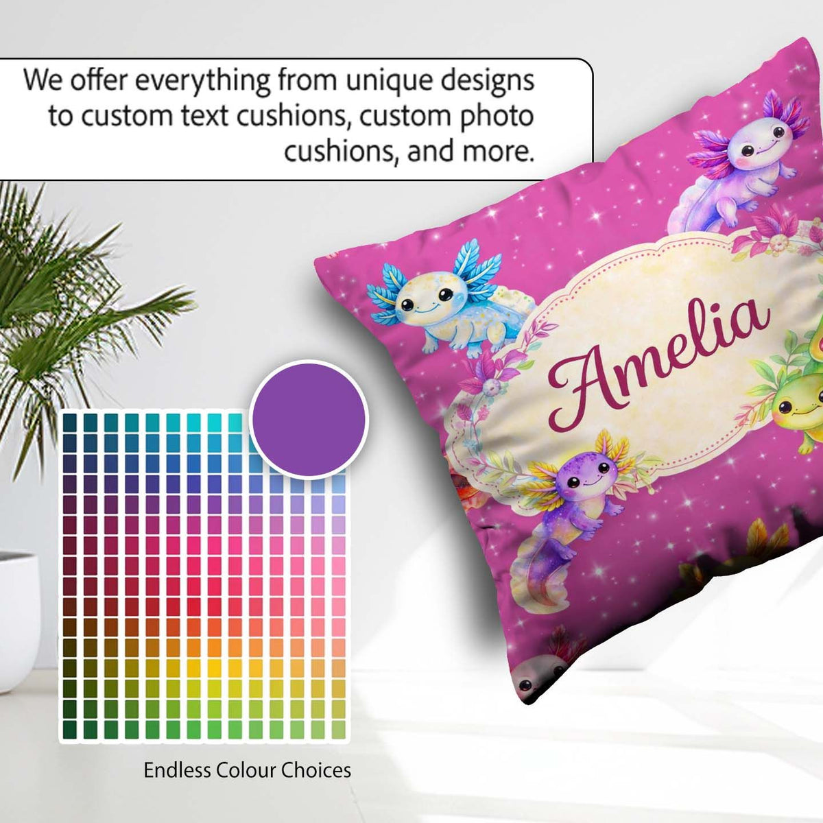 Custom Name Pink Axolotl Cartoon Seamless Pattern Kawaii Fantasy Square Filled Cushion Throw Pillow Sofa Bed Home Decor Zip Washable UK Made