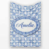 Classic Blue White Portuguese Tile Floral Seamless Pattern Lovely  Personalised Custom Name Super Soft Fleece Blanket Bed Sofa Throw
