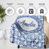 Classic Blue White Portuguese Tile Floral Seamless Pattern Lovely  Personalised Custom Name Super Soft Fleece Blanket Bed Sofa Throw