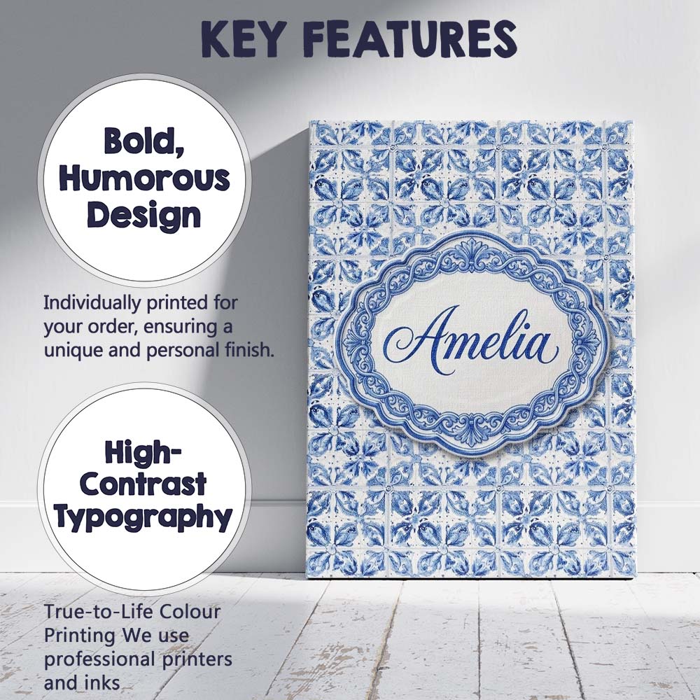 Personalised Name Classic Blue White Custom Premium Decorative Design Modern Room Accent Canvas Wall Art Print Decor Picture Ready to Hang