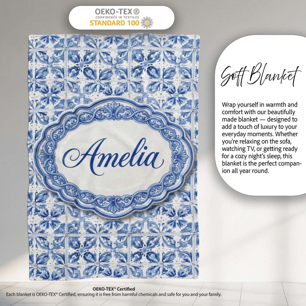 Classic Blue White Portuguese Tile Floral Seamless Pattern Lovely  Personalised Custom Name Super Soft Fleece Blanket Bed Sofa Throw