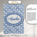 Classic Blue White Portuguese Tile Floral Seamless Pattern Lovely  Personalised Custom Name Super Soft Fleece Blanket Bed Sofa Throw