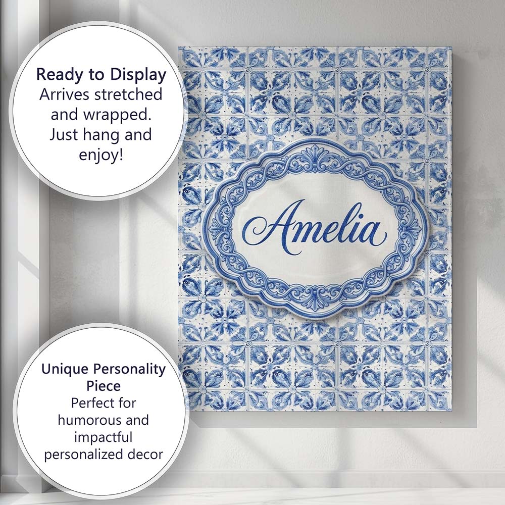 Personalised Name Classic Blue White Custom Premium Decorative Design Modern Room Accent Canvas Wall Art Print Decor Picture Ready to Hang