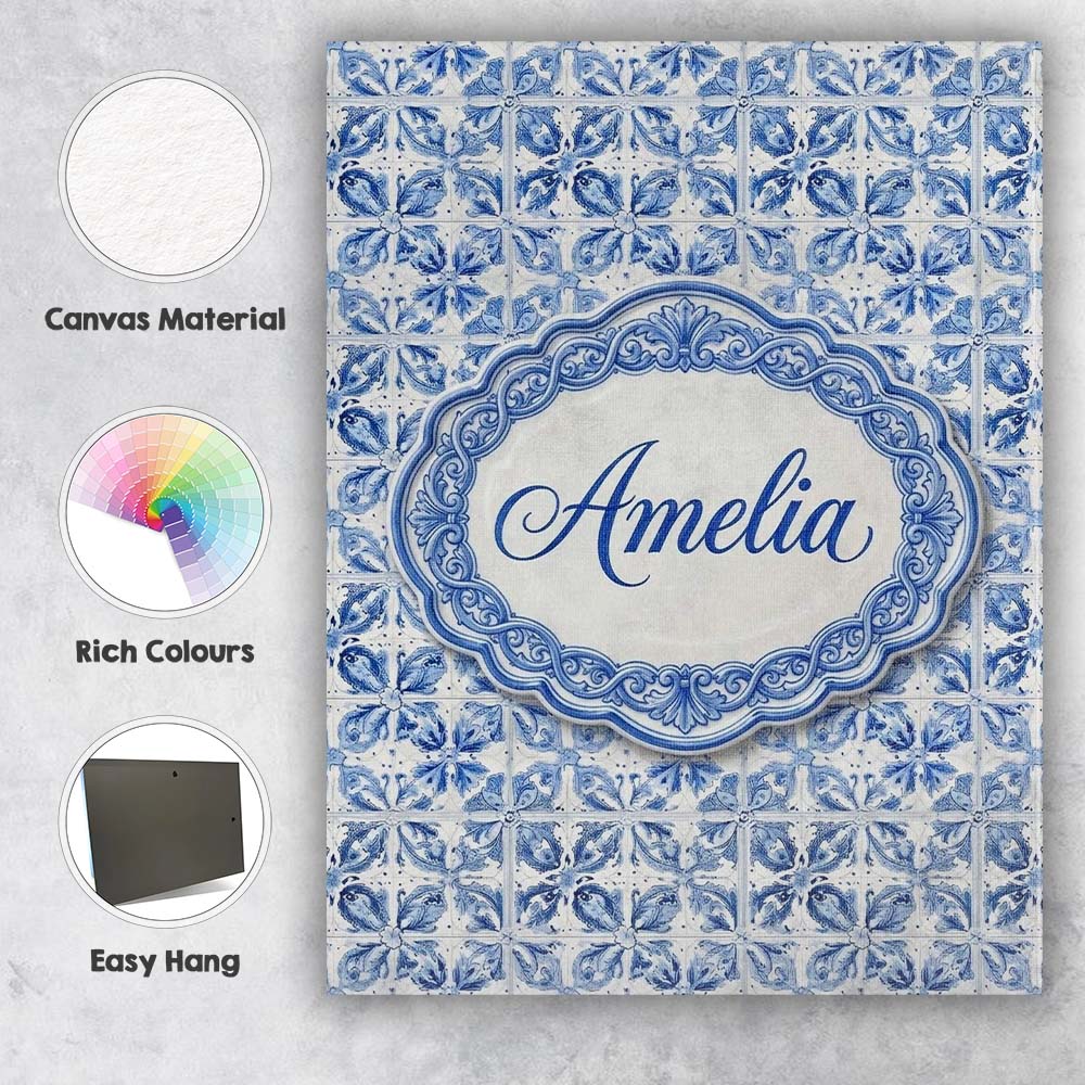 Personalised Name Classic Blue White Custom Premium Decorative Design Modern Room Accent Canvas Wall Art Print Decor Picture Ready to Hang