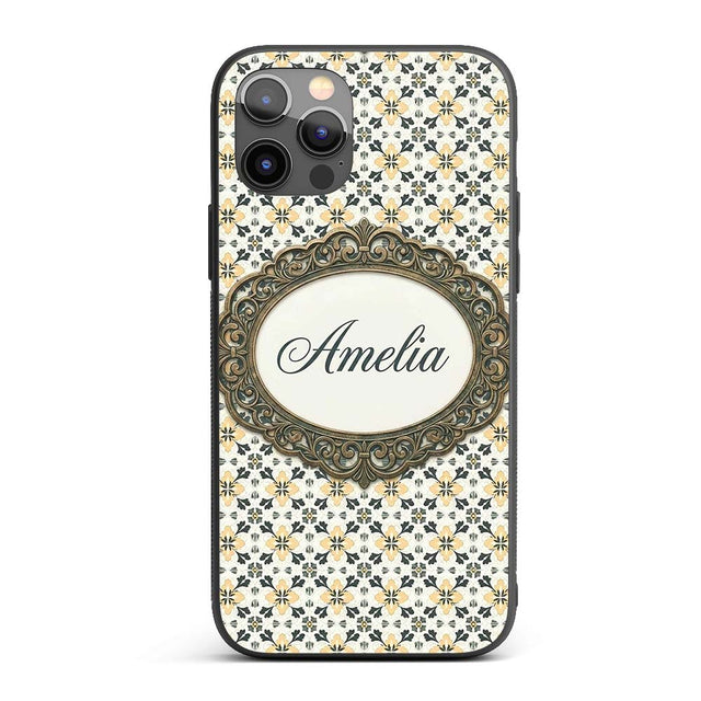 Stylish Black Gold Floral Tile Motif Seamless Custom Name Protective Phone Case Mobile Cover Durable Everyday Smartphone Shock Resistant