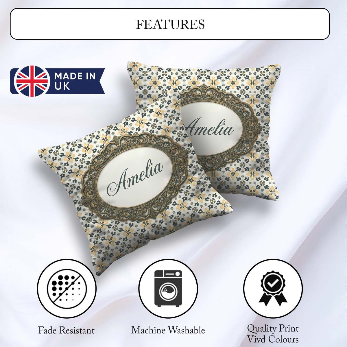 Custom Name Black Gold Floral Tile Motif Seamless Pattern Lovely Square Filled Cushion Throw Pillow Sofa Bed Home Decor Zip Washable UK Made